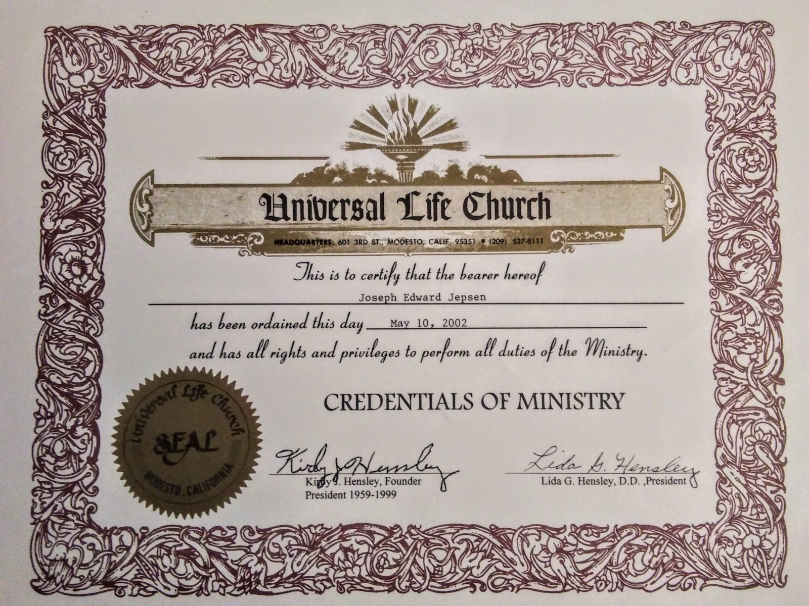 Credentials of Ministry for Joe Jepsen