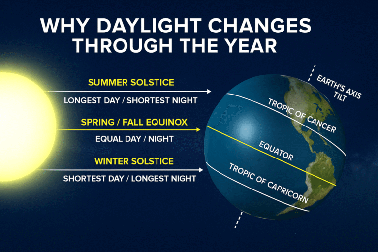 Illustration showing Earth’s tilt and how daylight changes through the year