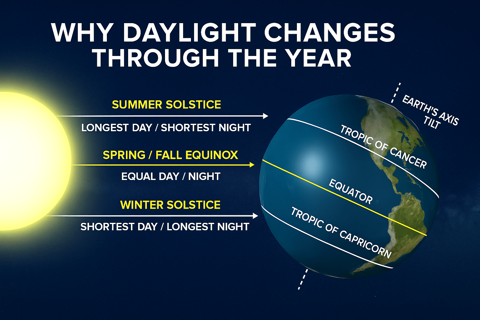 Illustration showing Earth’s tilt and how daylight changes through the year