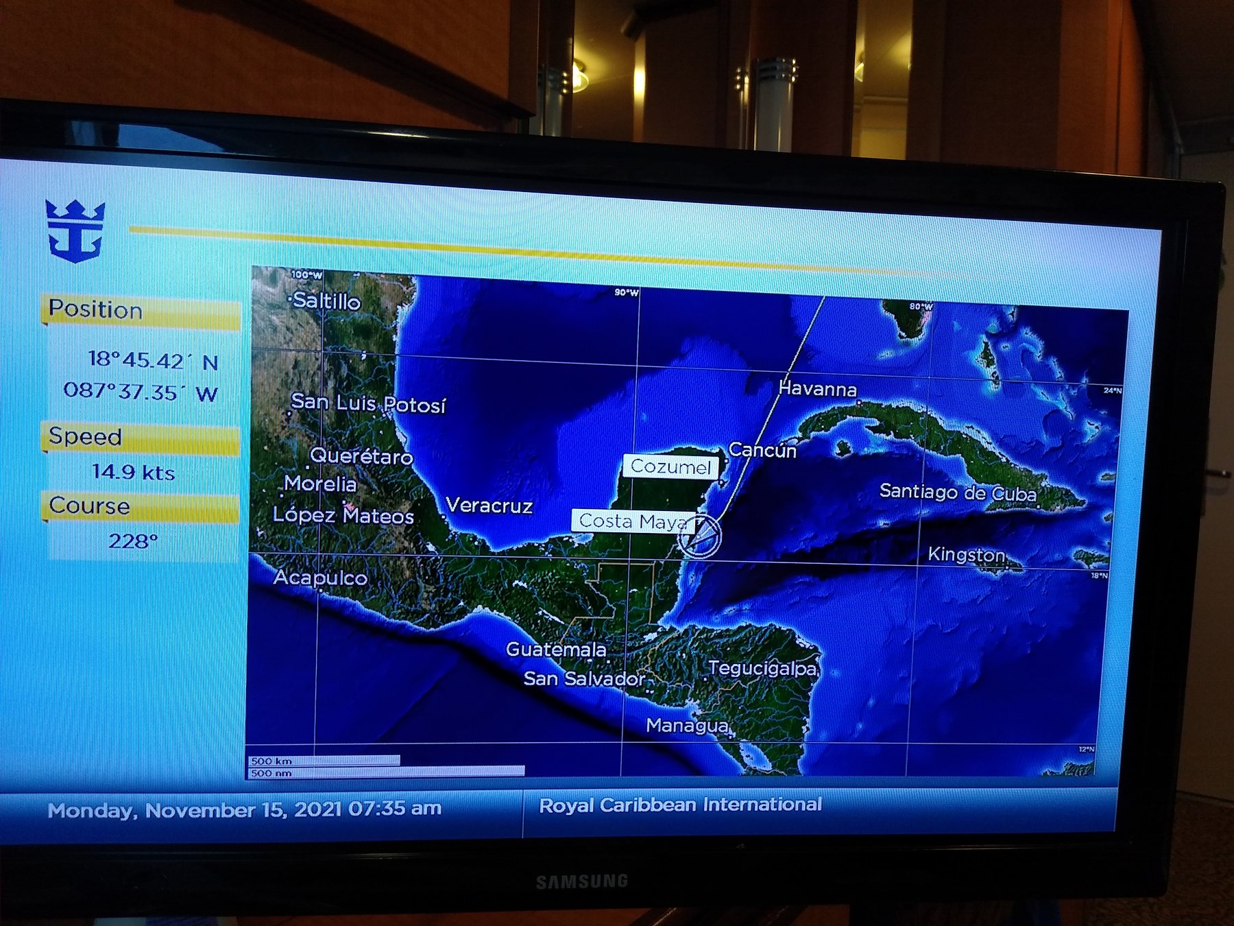 Cruise ship route screen showing the approach to Costa Maya in November 2021.