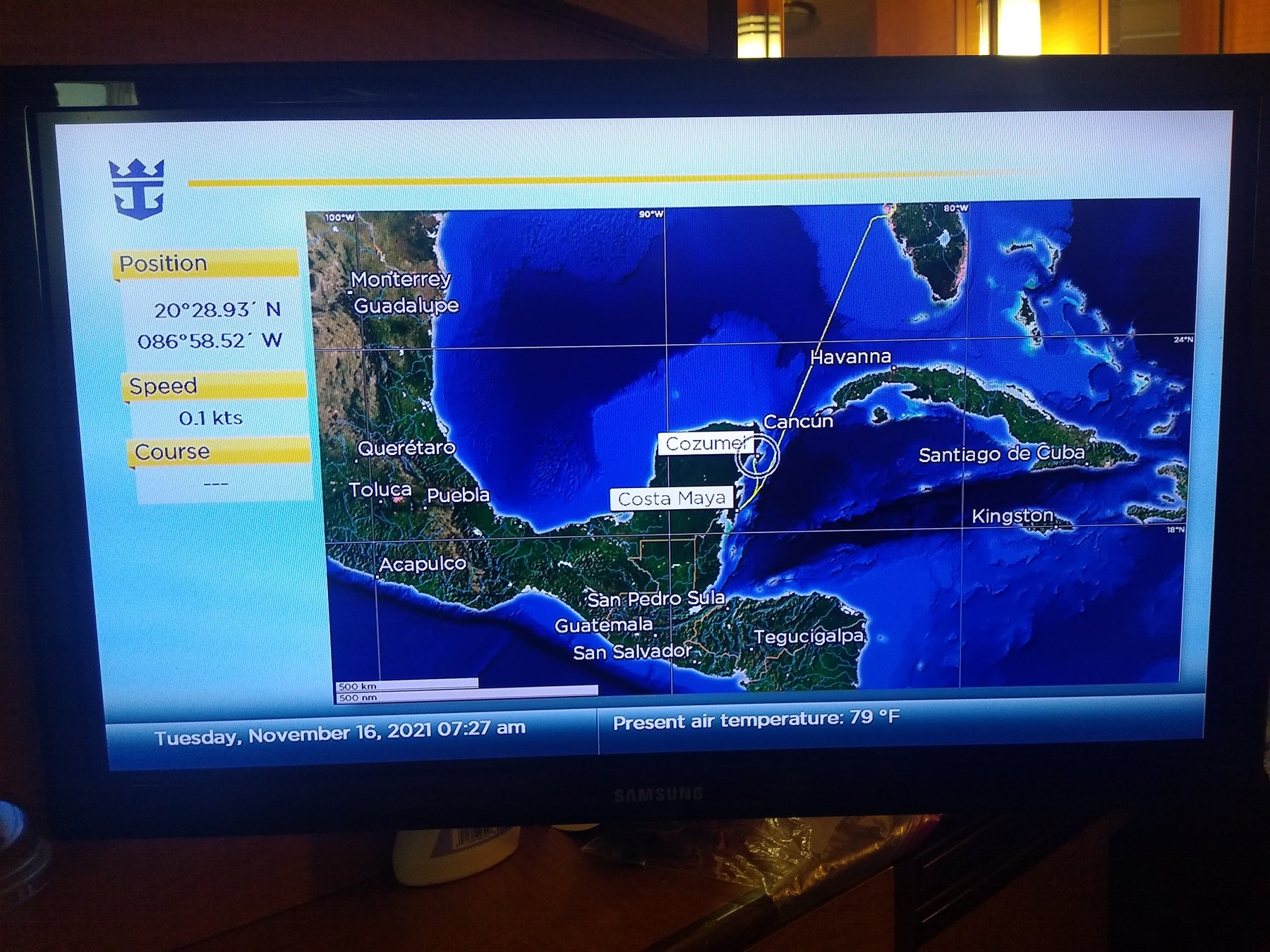 Cruise ship route screen showing the approach to Cozumel in November 2021.
