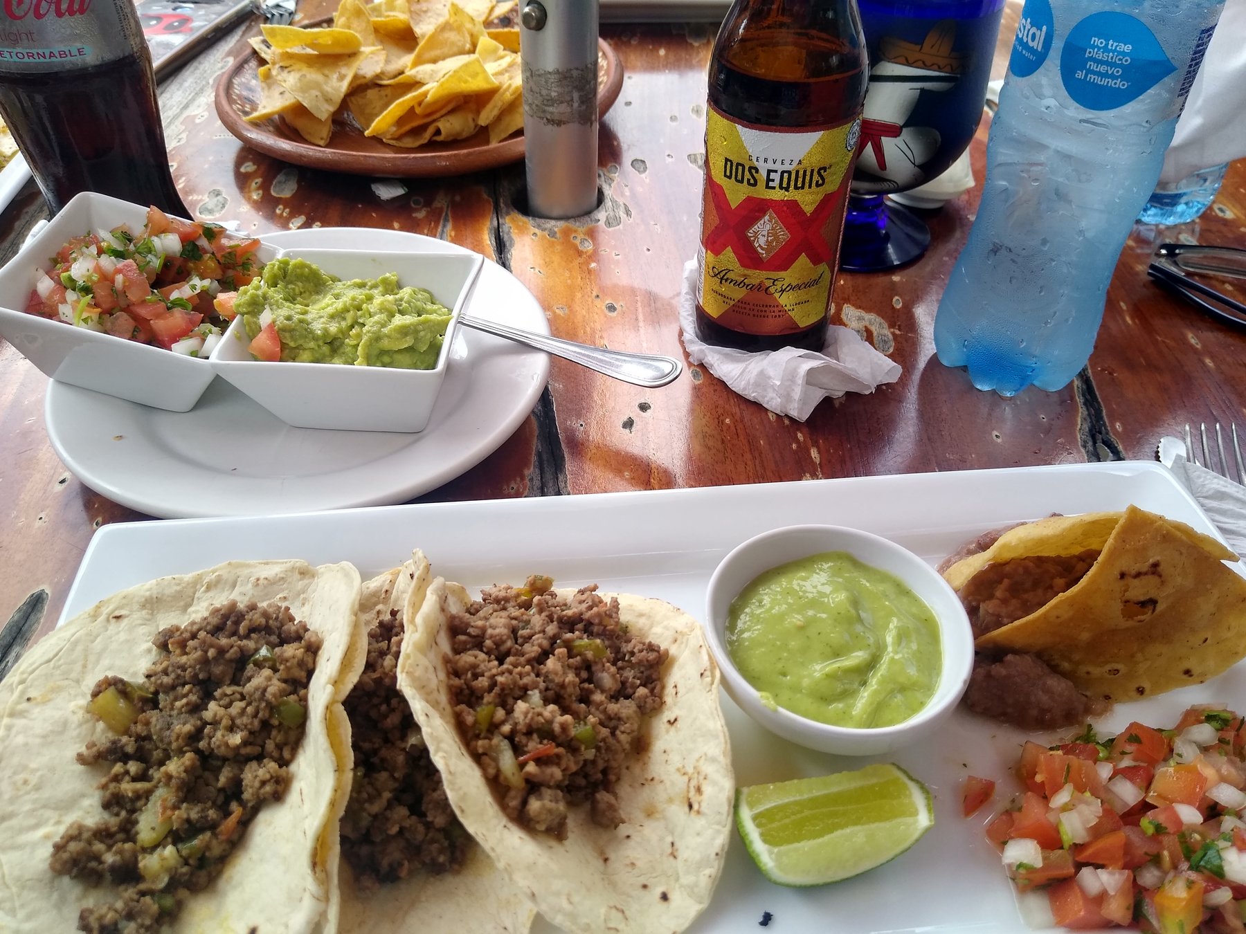 Tacos, chips, salsa and guacamole at Wet Wendy's in Cozumel on Taco Tuesday.