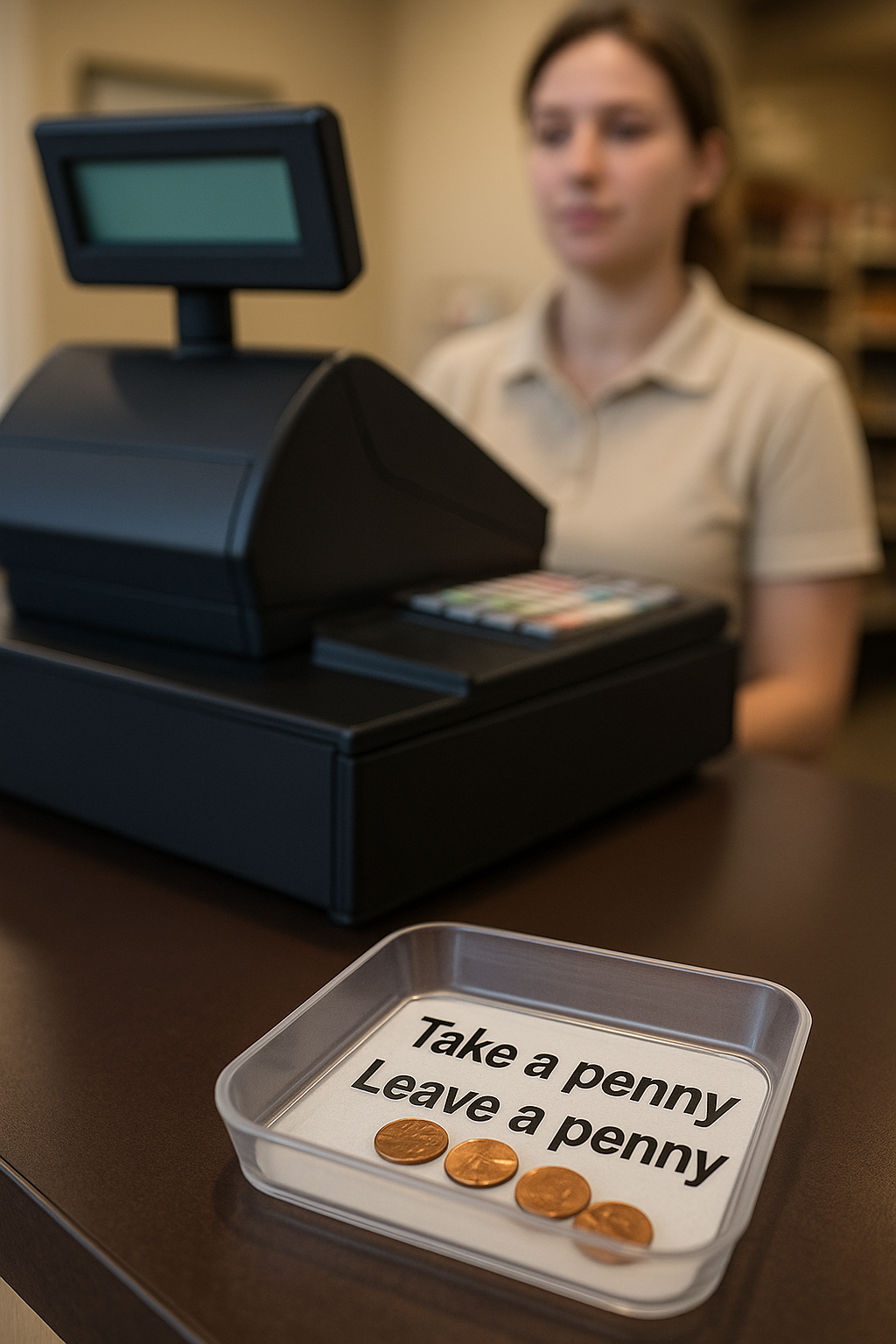 Retail checkout counter with a take-a-penny, leave-a-penny tray, illustrating the end of U.S. penny production and cash rounding.