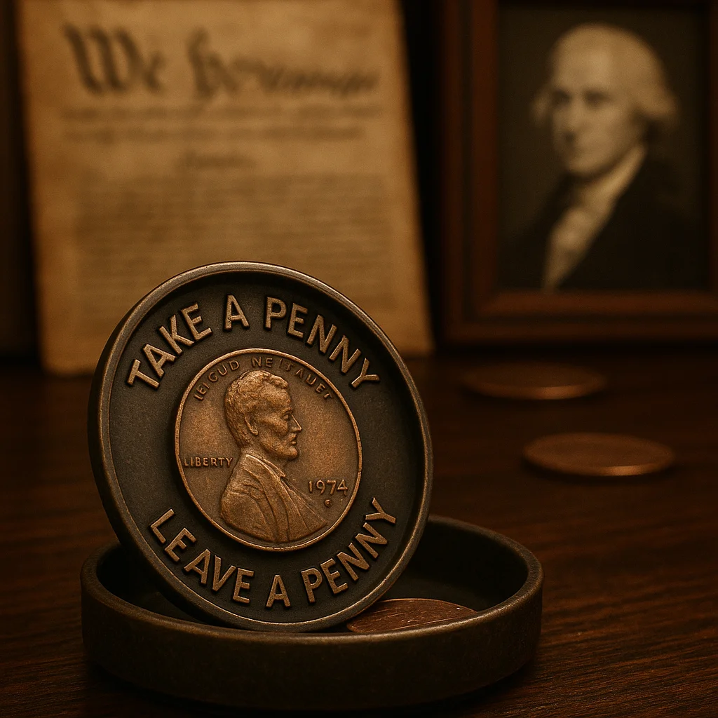 U.S. penny beside a take-a-penny tray with the Constitution and a Founding Father portrait in the background, illustrating the history and value of American money.
