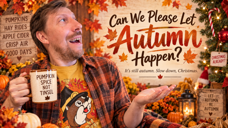 Joe Jepsen surrounded by autumn leaves, pumpkins and Christmas decorations for the article Can We Please Let Autumn Happen?