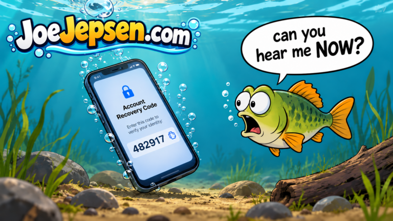 Cartoon fish underwater beside a sinking cell phone displaying an account recovery code, with the fish asking, Can you hear me NOW?