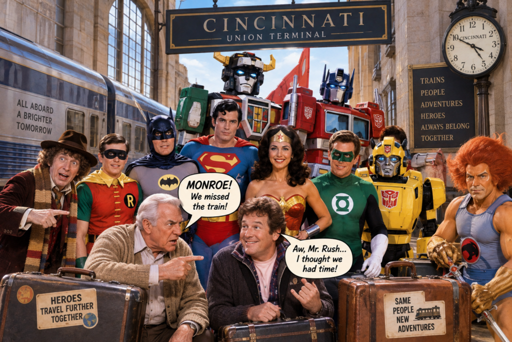 Joe Jepsen's favorite superheroes in a retro Hall of Justice-style scene