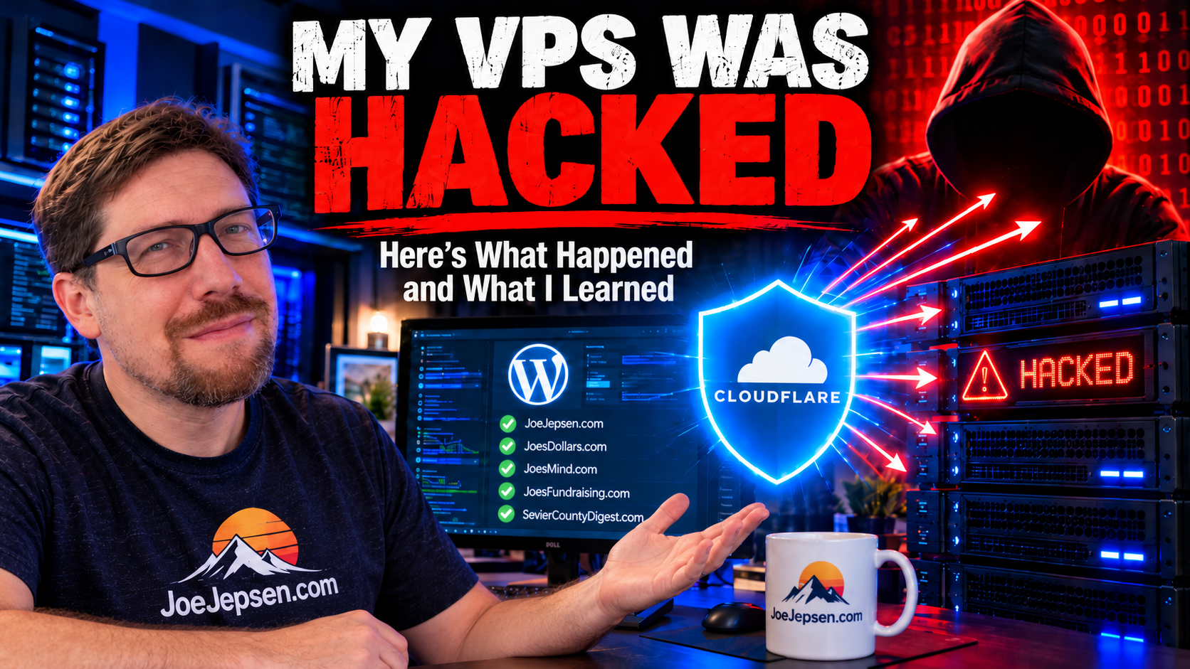 Joe Jepsen with WordPress, Cloudflare and server imagery illustrating a VPS security incident