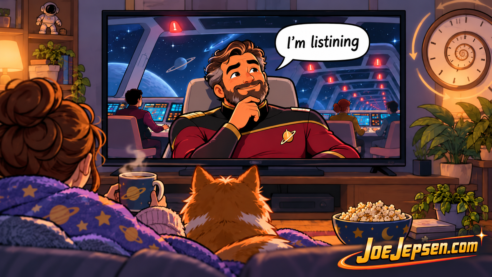 Cartoon of a bearded starship captain on television saying 'I'm listining' while a viewer and cat watch from a sofa.