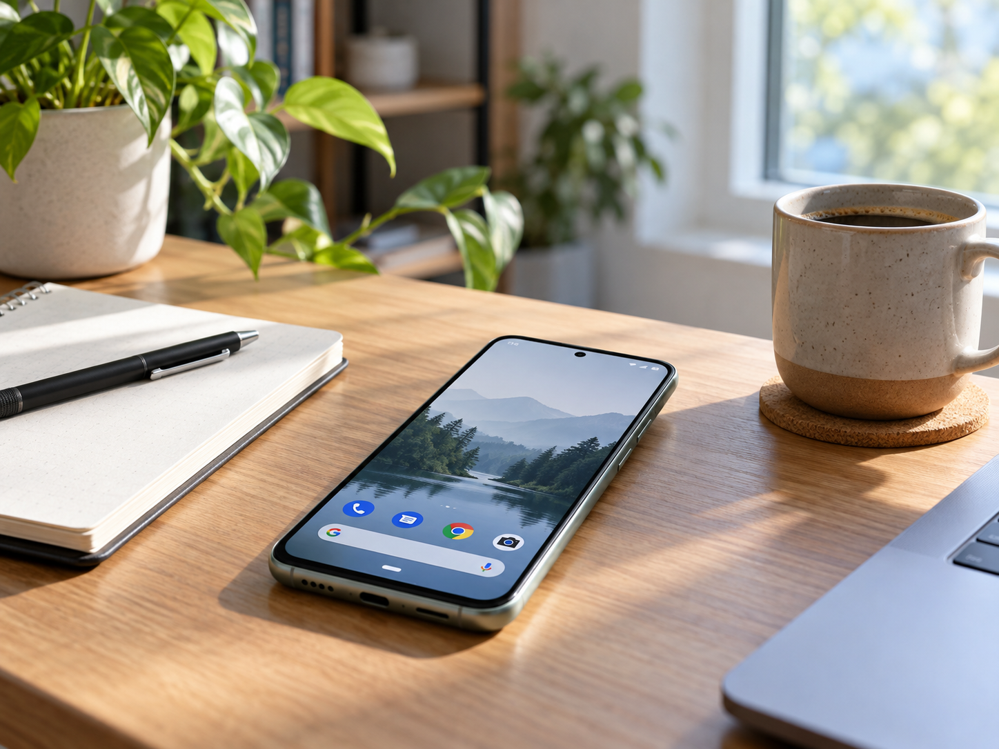 Modern Android smartphone on a wooden desk beside a notebook, plant, and cup of coffee
