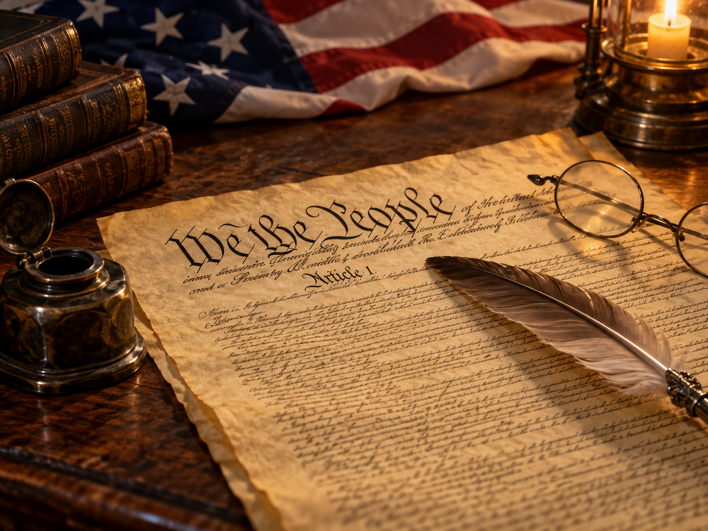 United States Constitution on a wooden desk with We the People lettering, quill, glasses, and American flag